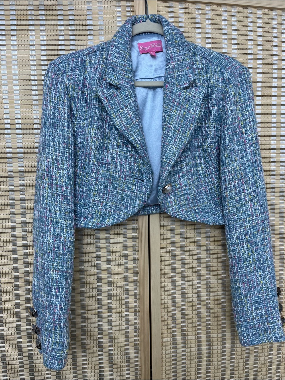 Sugar Thrillz Cropped Tweed Blazer in Blue Multi - Picture 2 of 8